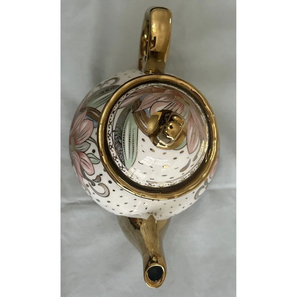Floral Porcelain Teapot With Gold Tone Trimming